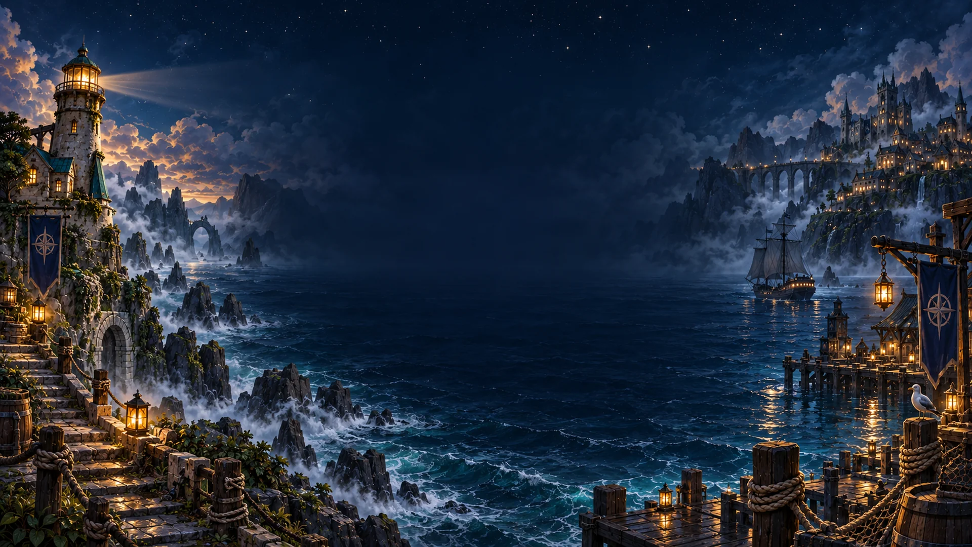 Lantern-lit coastal ruins, a lighthouse and a ship beneath the Laughtale night sky.